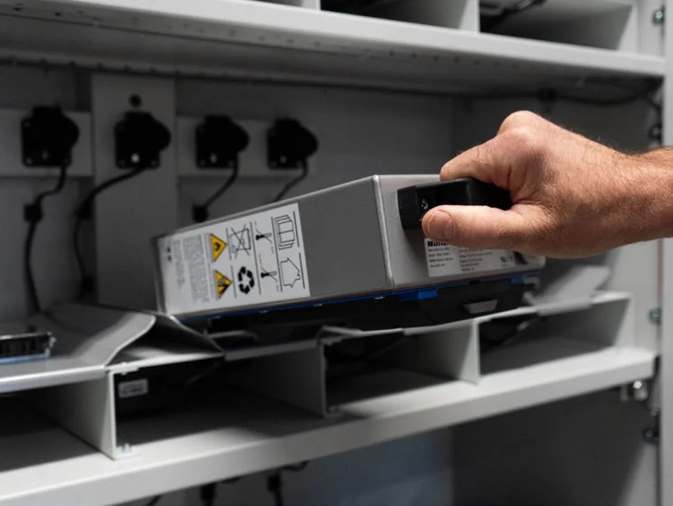 Detalle interior de armario Batteryguard para baterías de litio
